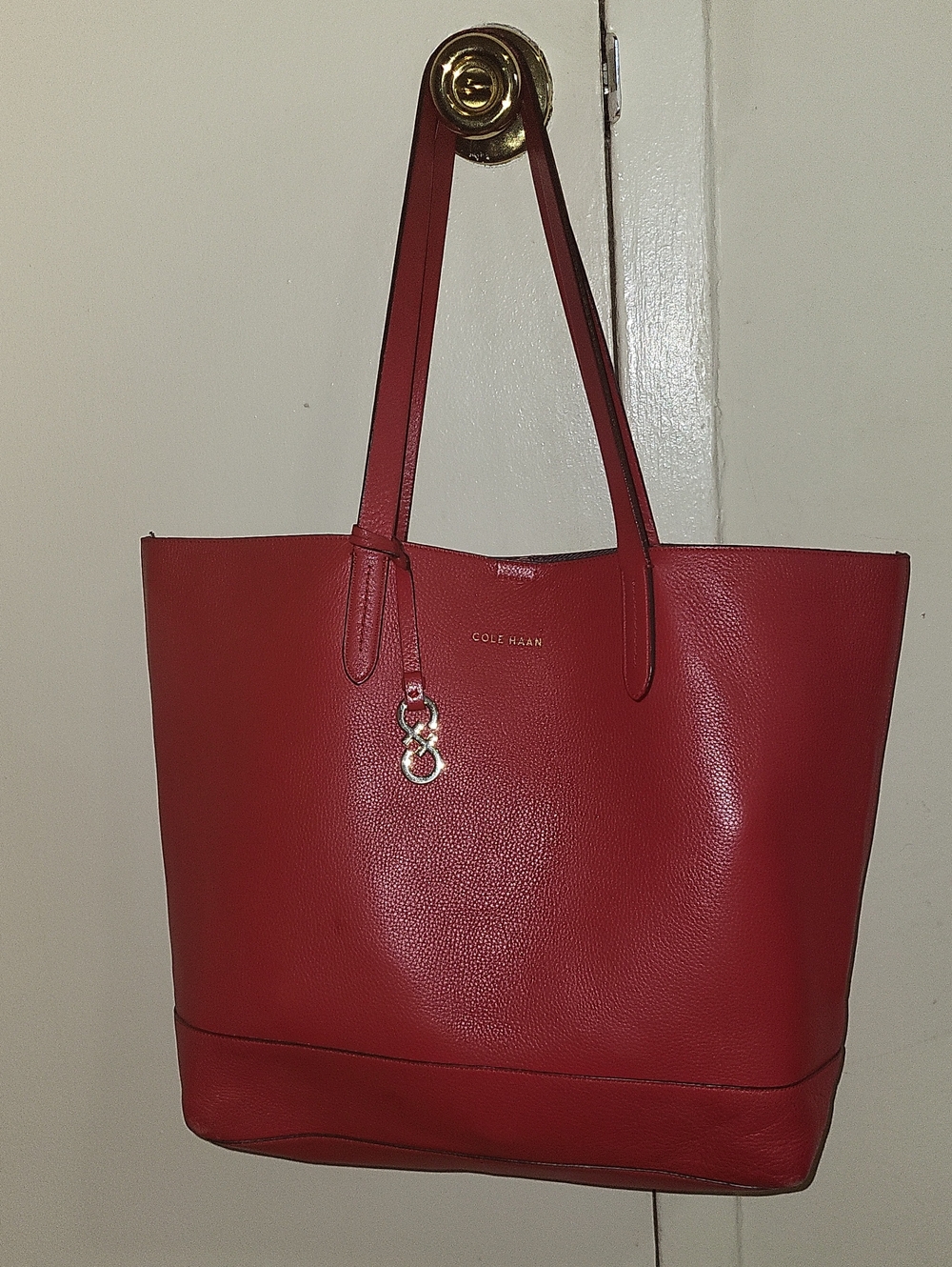 Cole Haan Cherry Red Leather Tote with Gold Charm